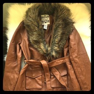 Brown Faux leather and fur collar jacket